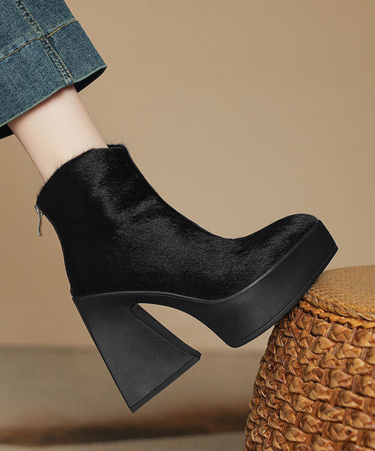 Black Chunky Heel Fashion Zippered Splicing Horsehair Boots YR036