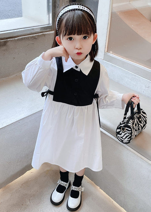 Black False Two Pieces Cotton Girls Dress Peter Pan Collar Fall XZ091