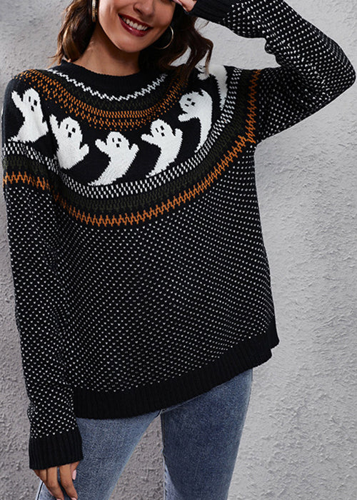 Pull en tricot patchwork confortable à col rond Black Ghost Automne AE1023