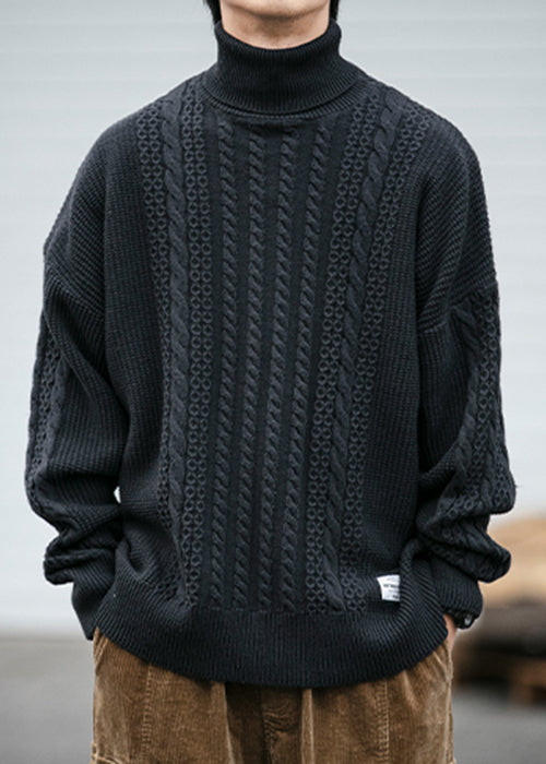 Black Solid Cozy Men Cable Knit Sweaters Turtleneck Winter RJ038