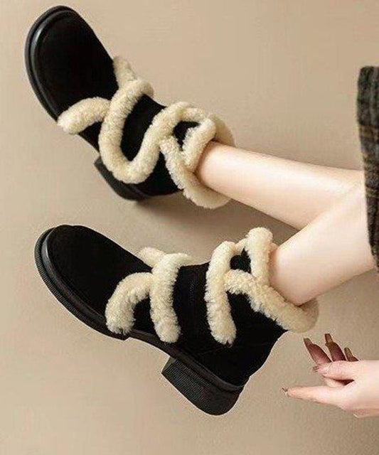 Black Splicing Suede Chunky Boots Fuzzy Wool Lined TP015