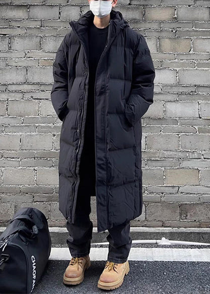 Black Zippered Pockets Men Parka Hooded Winter RJ006