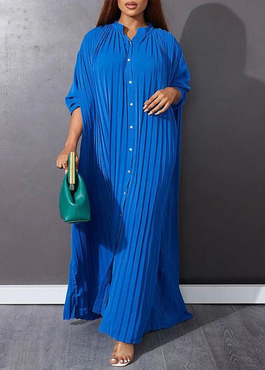 Robe longue de vacances bleue à col rond et manches longues VB1037