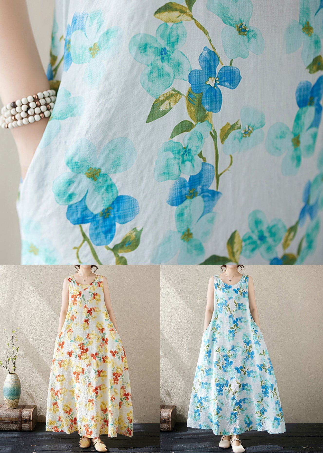 Blue Pockets Cotton Long Dresses O Neck Summer JH038