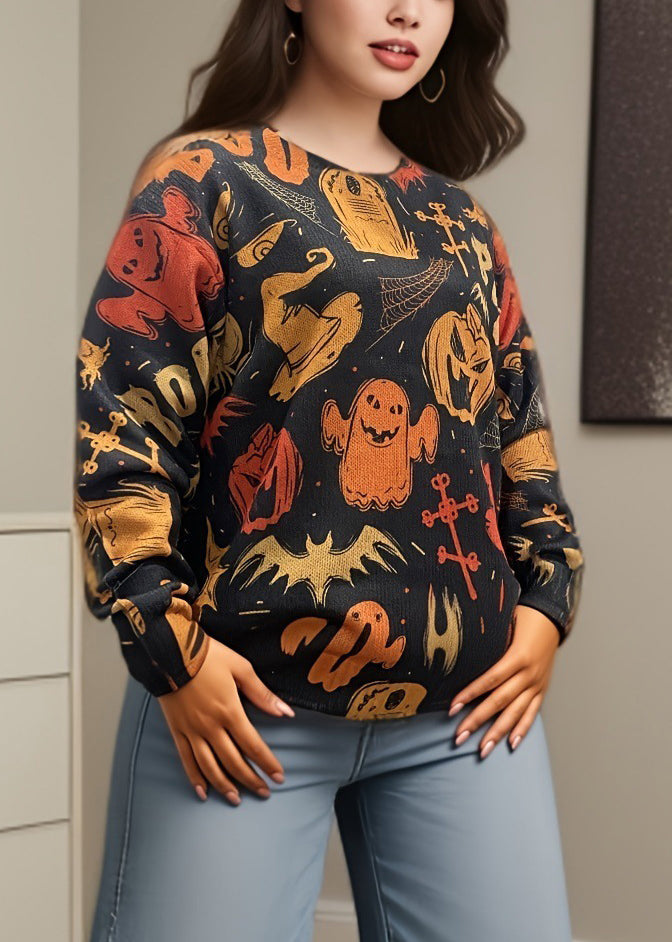 Bohemian Black O Neck Print Cozy Knit Sweaters Fall AE1008