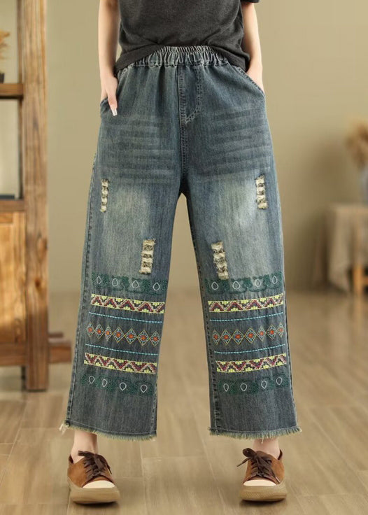 Bohemian Blue Embroidered Pockets Denim Wide Leg Pants Spring QQ1036