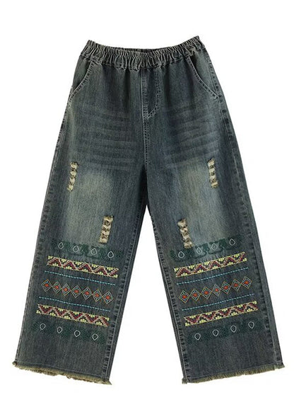 Pantalon large en denim bleu bohème avec poches brodées Printemps QQ1036