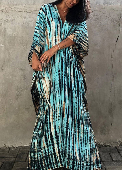 Bohemian Green V Neck Striped Print Women Beach Dress Summer VB1034