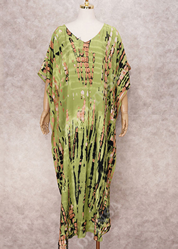 Robe de plage bohème verte à col en V et imprimé rayé pour femme, été VB1034