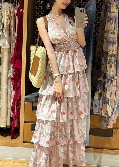 Robe longue en mousseline de soie rose bohème à col en V sans manches ZL025