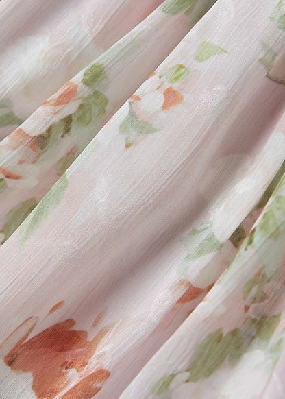 Bohemian Rosa V-Ausschnitt Print Chiffon Lange Kleider Ärmellos ZL025