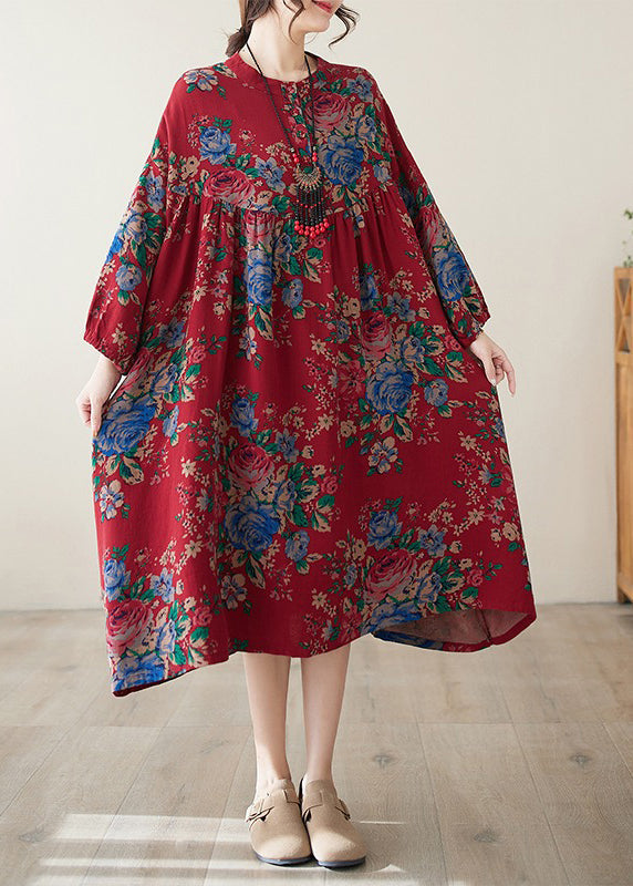 Robe en coton froissée à imprimé bohème rouge à col rond grande taille été AP077