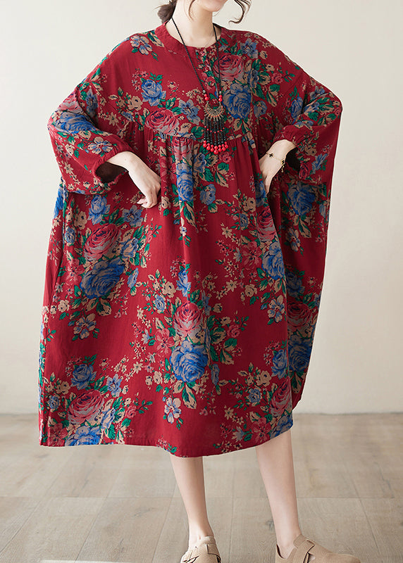 Bohemian Red O Neck Print Wrinkled Plus Size Cotton Dress Summer AP077