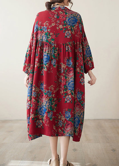 Bohemian Red O Neck Print Wrinkled Plus Size Cotton Dress Summer AP077