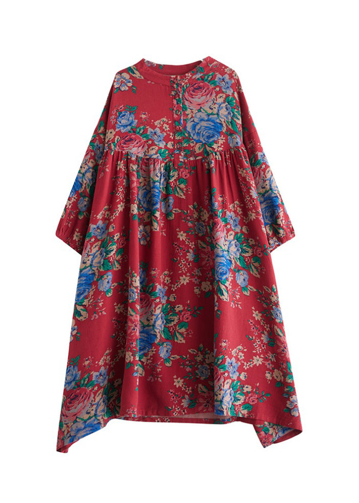 Bohemian Red O Neck Print Wrinkled Plus Size Cotton Dress Summer AP077