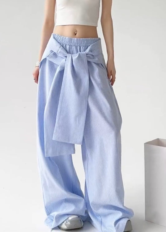 Boho Blue Tie Waist Detachable Striped Straight Pants Spring TA057