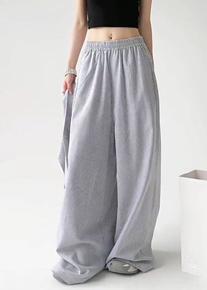 Boho Blue Tie Waist Detachable Striped Straight Pants Spring TA057