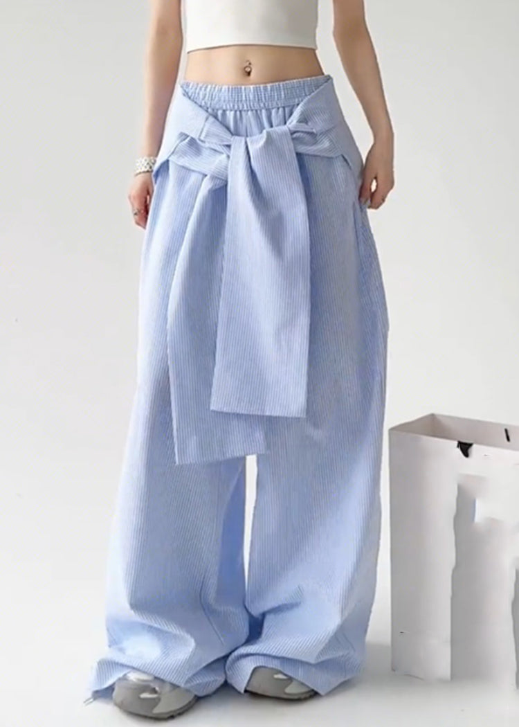 Boho Blue Tie Waist Detachable Striped Straight Pants Spring TA057