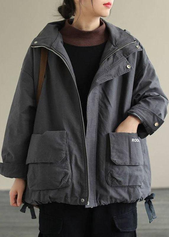 Manteau à manches longues décontracté avec cordon de serrage et fermeture éclair gris bohème QS039