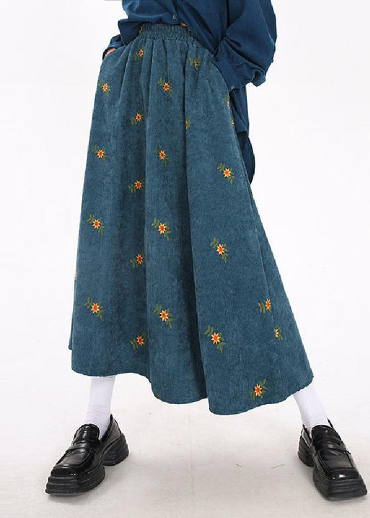 Boho Peacock Blue Embroidered Corduroy Skirts Spring YO11