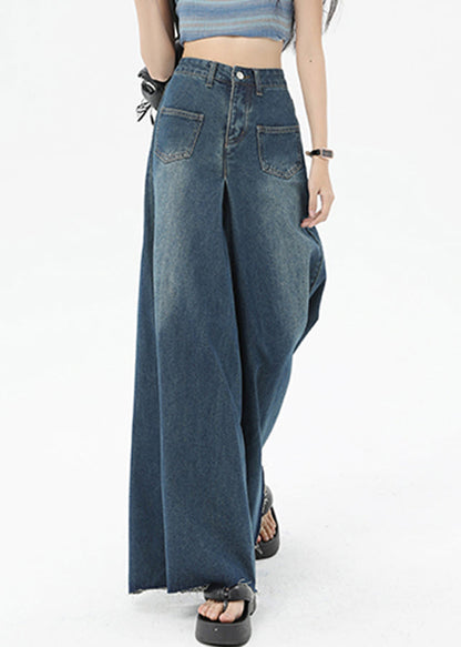 Boutique Blue Pockets High Waist Denim Wide Leg Pants Summer QQ1032