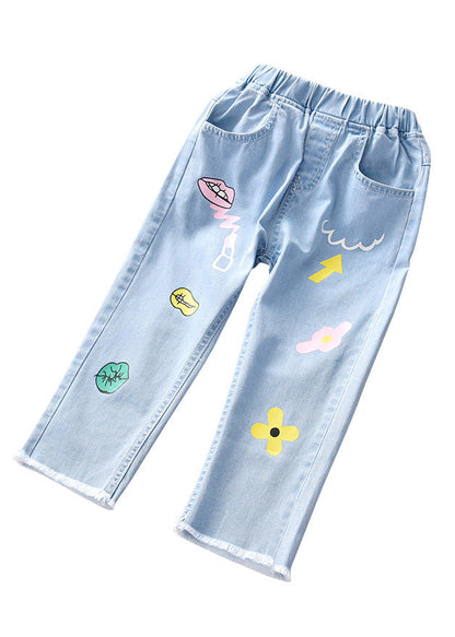 Boutique Blue Print Pockets Girls Straight Denim Pants TV040