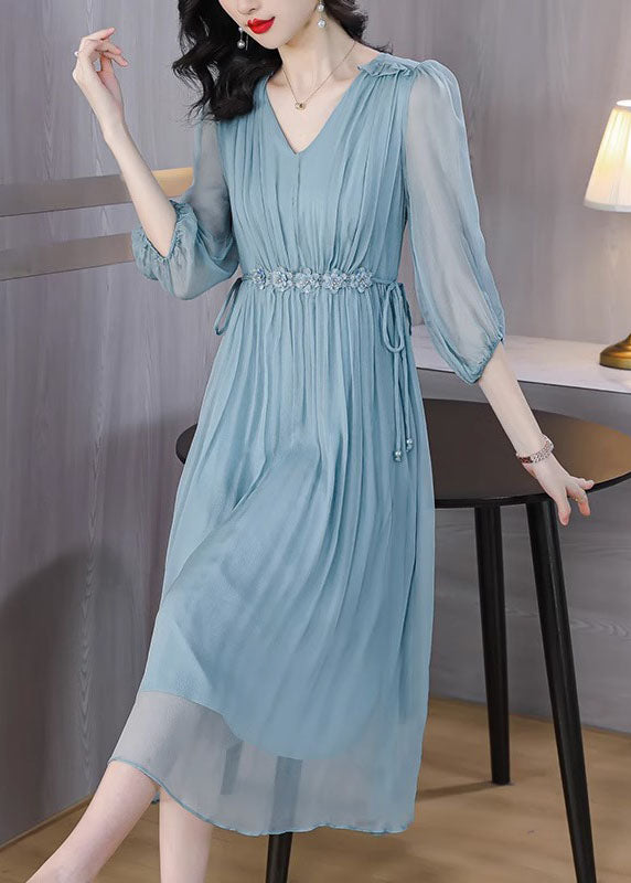 Boutique Blue V Neck Wrinkled Lace Up Silk Dress Summer BB031