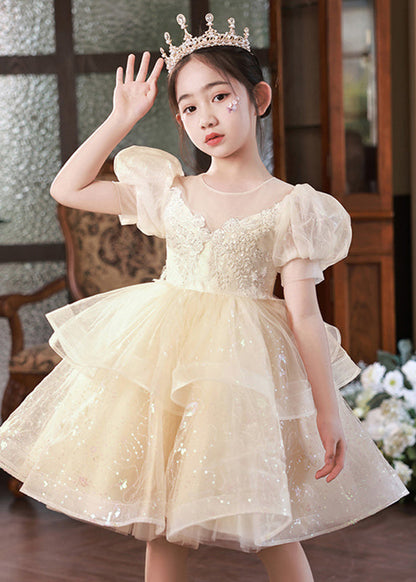 Boutique Champagne O-Neck Tulle Girls Mid Princess Dress Short Sleeve XZ032