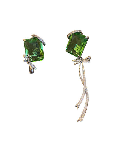 Boutique Green Copper Zircon Asymmetrical Square Bow Drop Earrings WH044