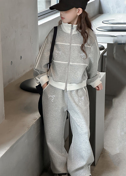 Boutique Grey Stand Collar Patchwork Girls Coats And Wide Leg Pants Two Pieces Sets Spring TR023