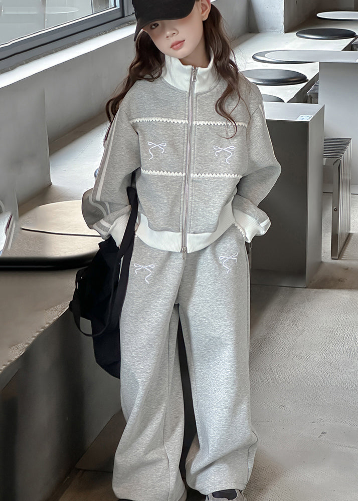 Boutique Grey Stand Collar Patchwork Girls Coats And Wide Leg Pants Two Pieces Sets Spring TR023