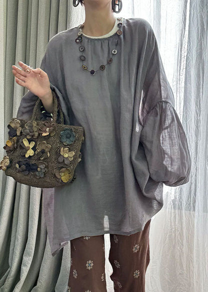 Boutique Loose Grey O Neck Linen Top Lantern Sleeve WE010