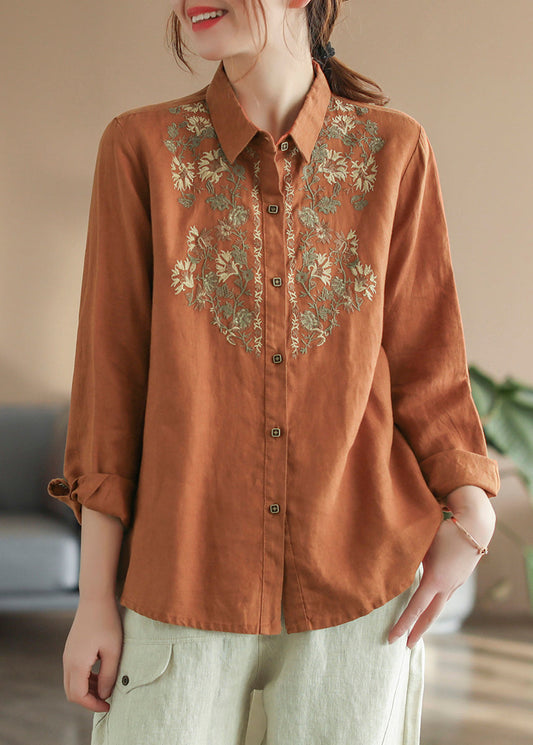 Boutique Orange Peter Pan Collar Embroidered Linen Top Long Sleeve LK033