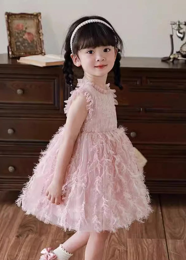 Boutique Pink Ruffled Tulle Patchwork Kids Holiday Feather Mid Dress Sleeveless XZ046