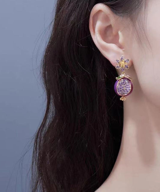 Boucles d'oreilles pendantes en forme de fleur de grenade avec émail goutte à goutte en cuivre violet et zircon WP015