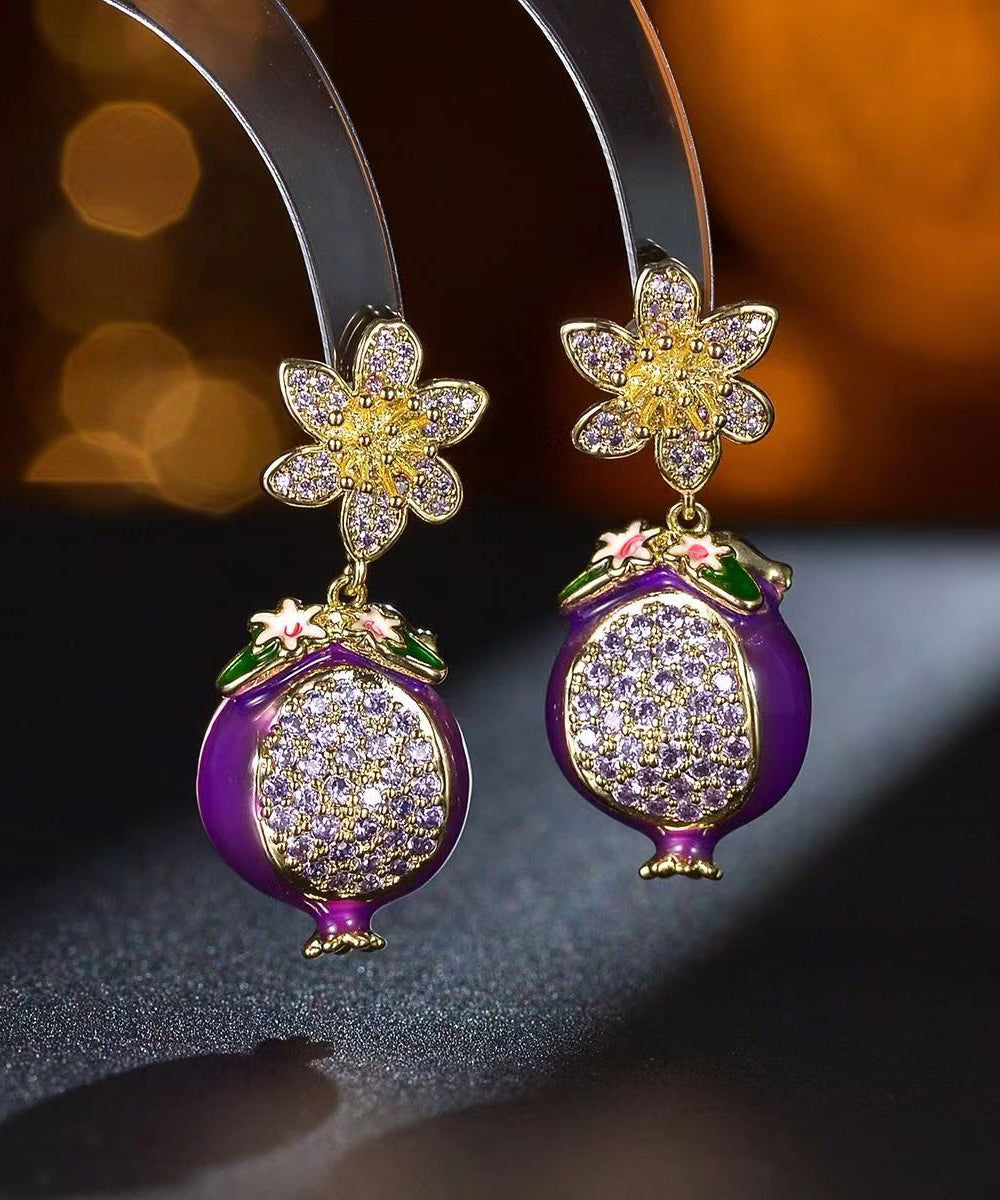 Boucles d'oreilles pendantes en forme de fleur de grenade avec émail goutte à goutte en cuivre violet et zircon WP015