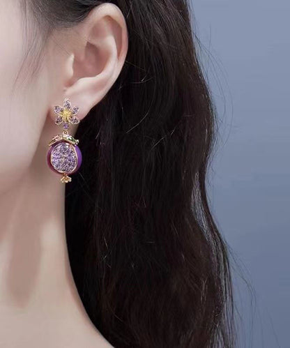 Boutique Purple Copper Zircon Drip Glaze Pomegranate Flower Drop Earrings WP015