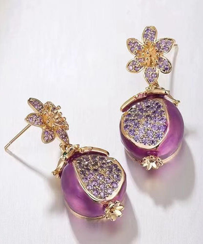 Boucles d'oreilles pendantes en forme de fleur de grenade avec émail goutte à goutte en cuivre violet et zircon WP015