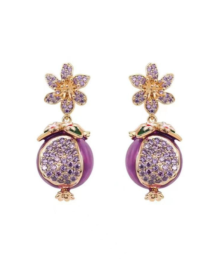 Boucles d'oreilles pendantes en forme de fleur de grenade avec émail goutte à goutte en cuivre violet et zircon WP015