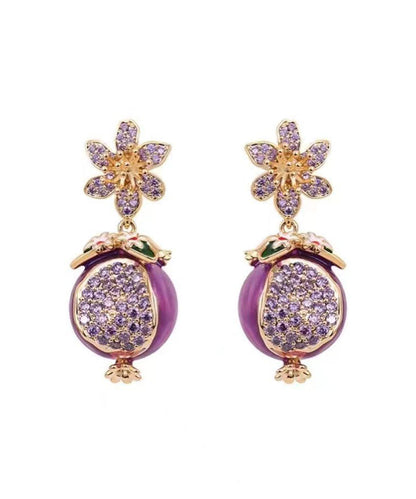 Boucles d'oreilles pendantes en forme de fleur de grenade avec émail goutte à goutte en cuivre violet et zircon WP015