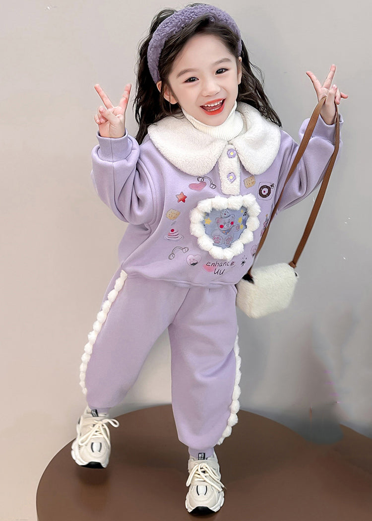 Boutique Purple Peter Pan Collar Print Kids Warm Fleece Sweatshirt And Harem Pants Two Pieces Set Winter TR037