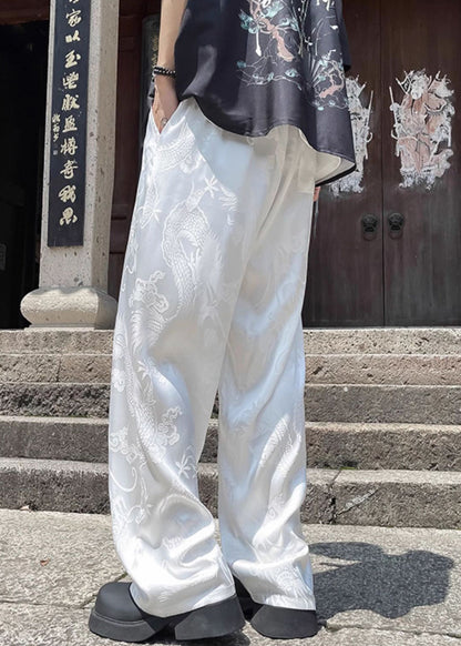 Boutique White Pockets Oriental Print Ice Silk Mens Pants Summer YT051