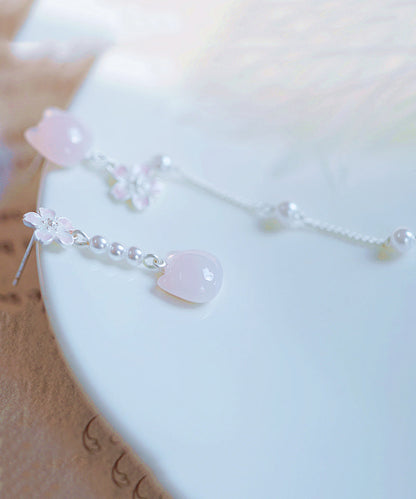 Boucles d'oreilles pendantes asymétriques en argent sterling rose avec perles et motifs floraux et chats QI069