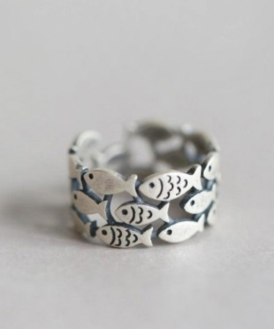 Brief Silk Sterling Silver Hollow Out Little Fish Rings YI030