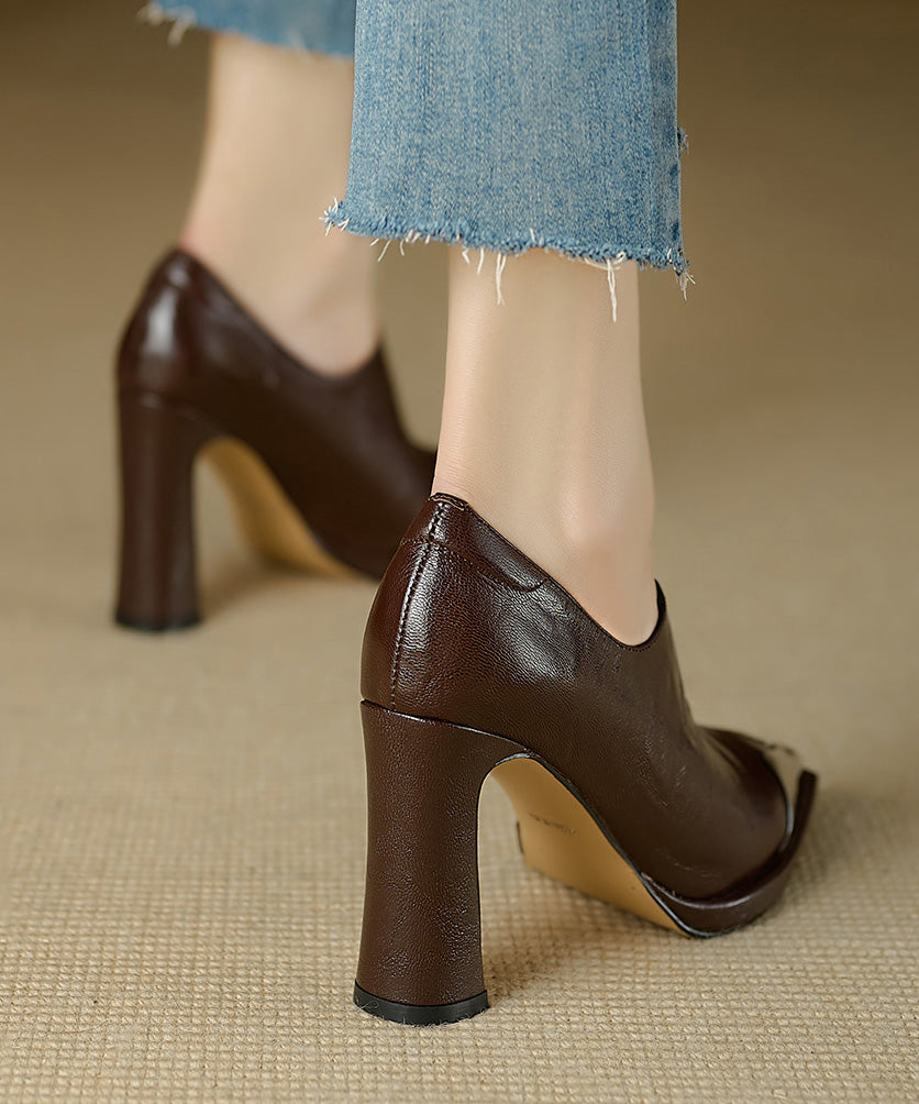 Brown Chunky High Heels Sheepskin Classy Splicing Pointed Toe RX012