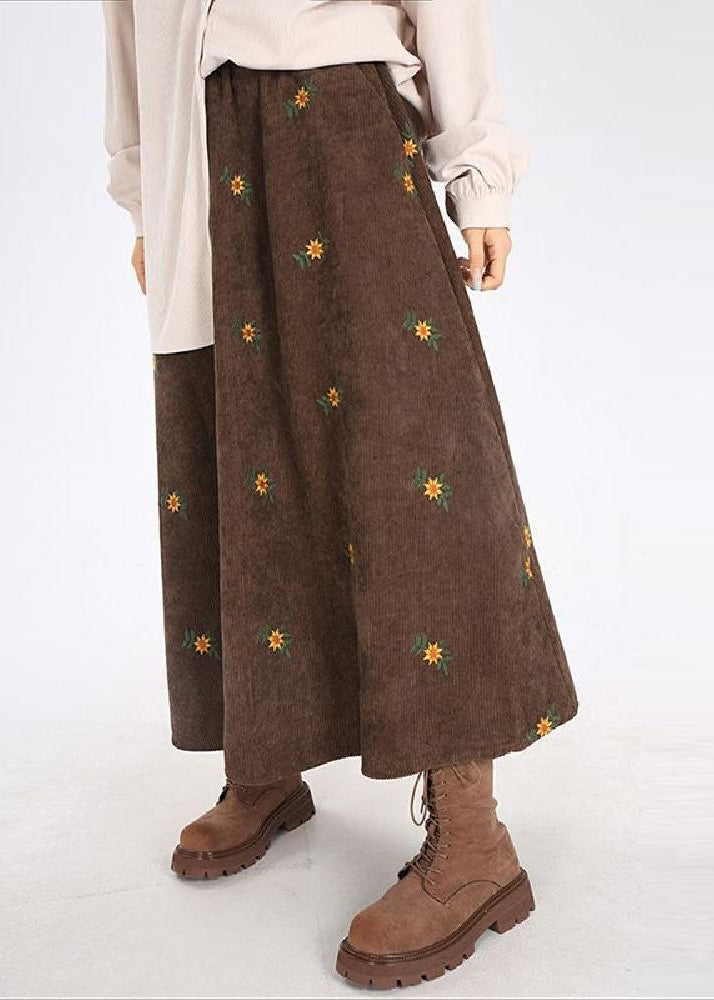 Brown Corduroy A Line Skirt Embroidered Spring YO027