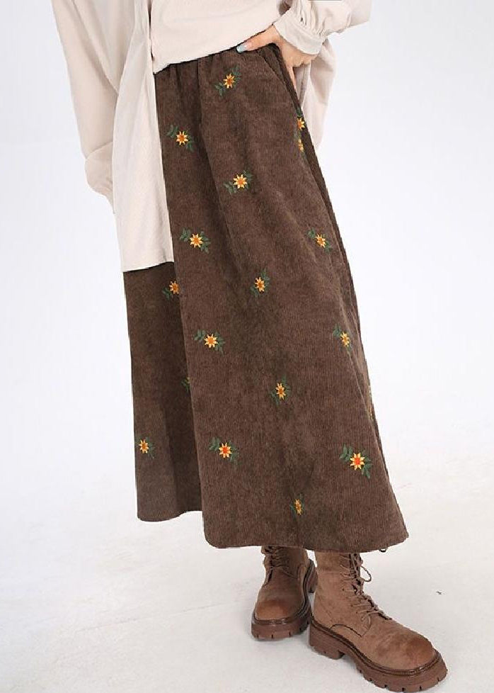 Brown Corduroy A Line Skirt Embroidered Spring YO027