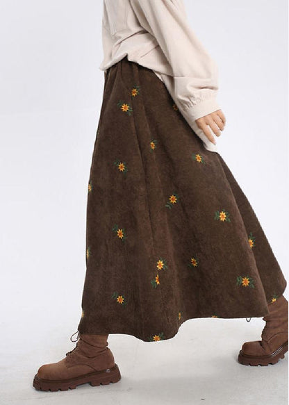 Brown Corduroy A Line Skirt Embroidered Spring YO027