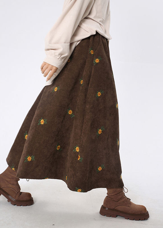 Brown Corduroy A Line Skirt Embroidered Spring YO027