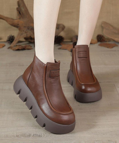 Brown zippered Platform Cowhide Leather Boots Splicing Boots RD020